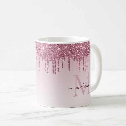 Pink Rose Gold Glitter Sparkle Monogram Script Koffiemok (Voorkant rechts)