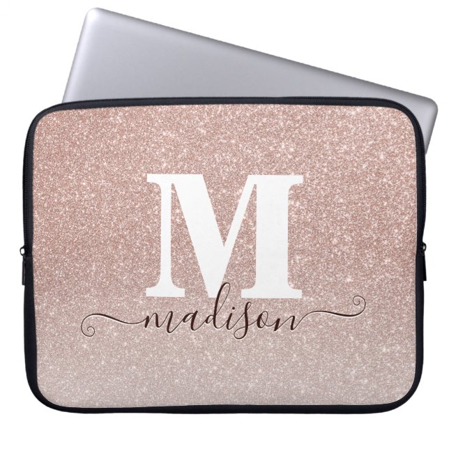 Pink Rose Gold Glitter Sparkle Monogram Script Laptop Sleeve (Voorkant)