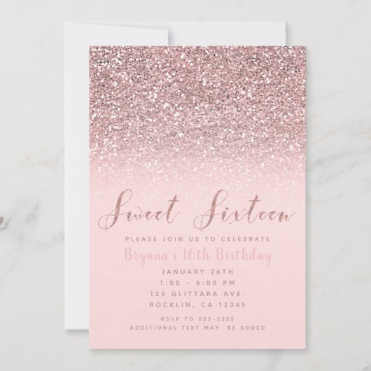 Pink Rose Gold Glitter Sparkle Sweet 16 Party Kaart (Voorkant)