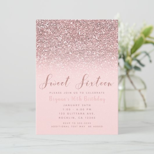 Pink Rose Gold Glitter Sparkle Sweet 16 Party Kaart (Staand voorkant)