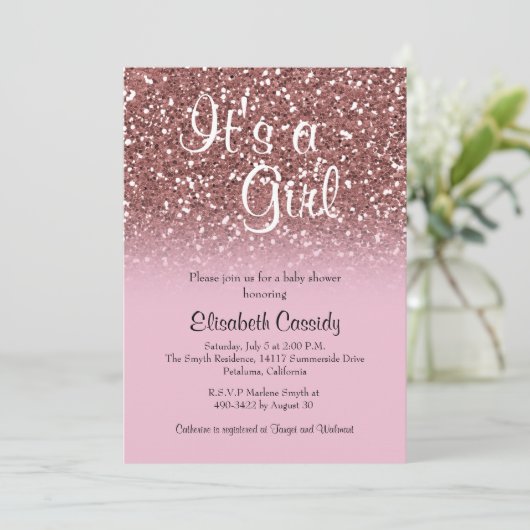 Pink Rose Gold Glitter Sprinkle Baby shower Uitnod Kaart (Staand voorkant)