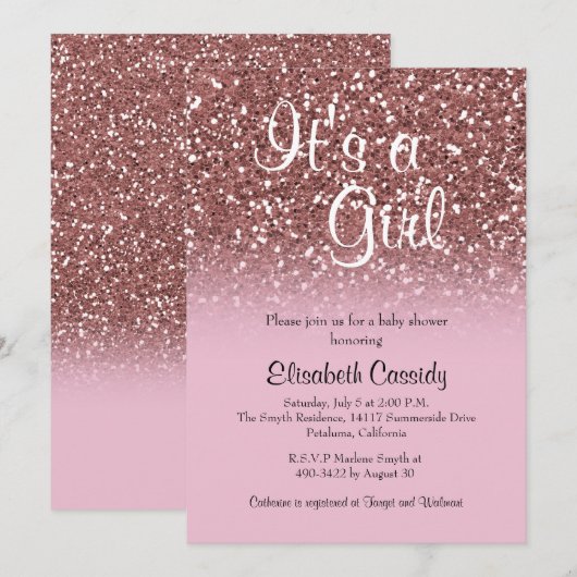Pink Rose Gold Glitter Sprinkle Baby shower Uitnod Kaart (Voorkant / Achterkant)