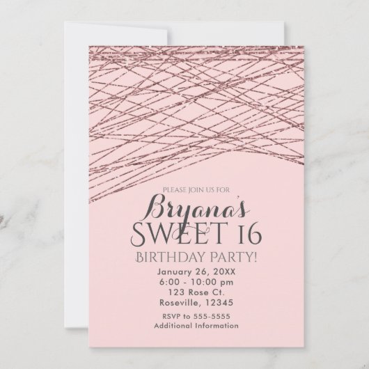 Pink Rose Gold Glitter Sweet 16 Verjaardagsfeest Kaart (Voorkant)