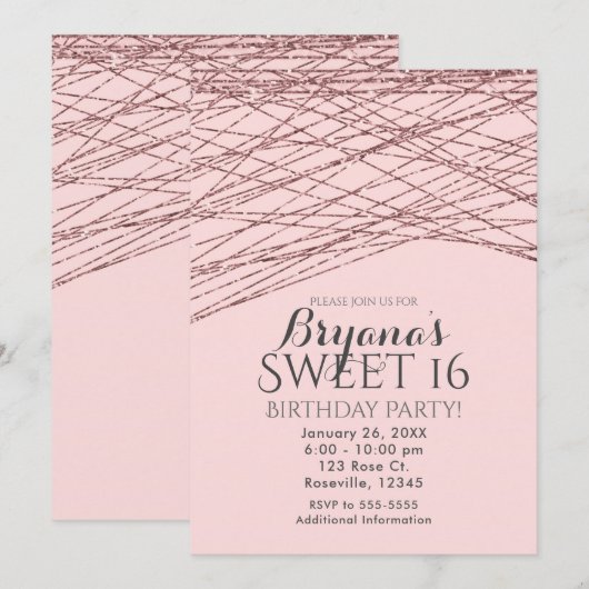Pink Rose Gold Glitter Sweet 16 Verjaardagsfeest Kaart (Voorkant / Achterkant)