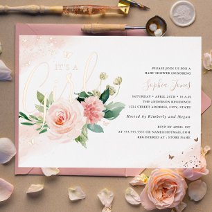 Pink Rose Gold Het is een meisje Baby shower Folie Uitnodiging