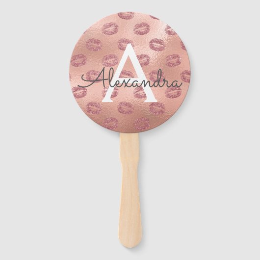 Pink Rose Gold Lipstick Kusjes Monogram Handwaaier (Achterkant)