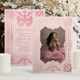 Pink Rose Gold Masquerade Foto Quinceanera Folie Uitnodiging