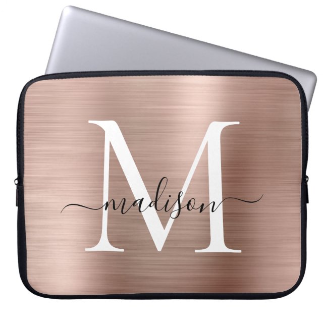 Pink Rose Gold Metal Girly Schattige Script Monogr Laptop Sleeve (Voorkant)