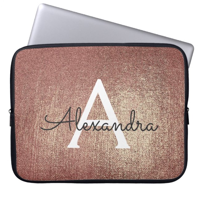 Pink Rose Gold Metallic Folie Glam Monogram Laptop Sleeve (Voorkant)