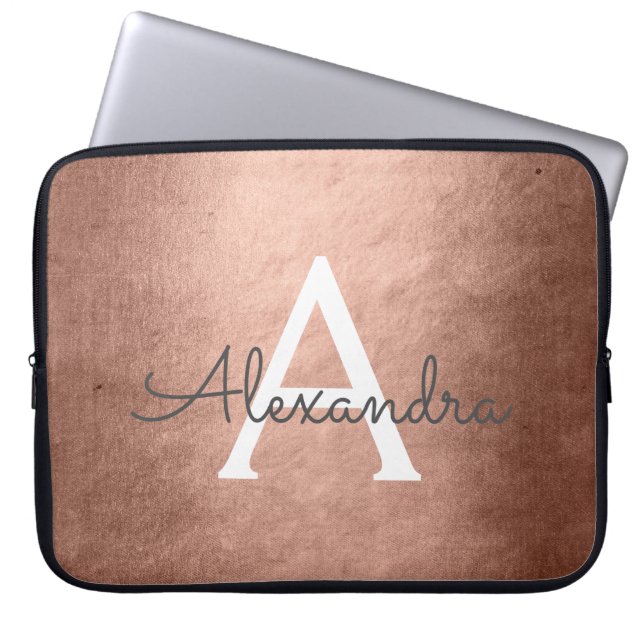 Pink Rose Gold Metallic Folie Monogrammed Laptop Sleeve (Voorkant)