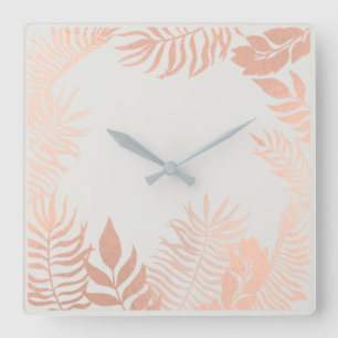 Pink Rose Gold Metallic Grey Palm Botanical Pastel Vierkante Klok