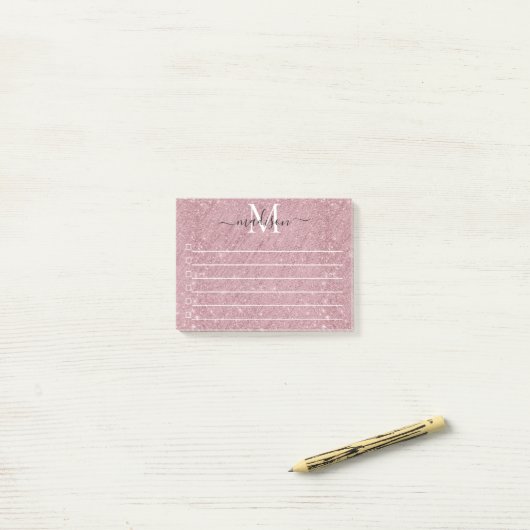 Pink Rose Gold Monogram Script Glitter Sparkle Post-it® Notes (Op bureau)