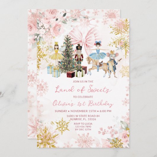 Pink Rose Gold Nutcracker Christmas Bow Birthday Kaart (Voorkant / Achterkant)