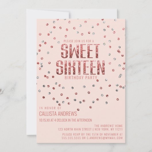 Pink Rose Gold Silver Glitter Confetti Sweet 16 Kaart (Voorkant)