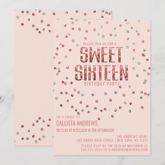 Pink Rose Gold Silver Glitter Confetti Sweet 16 Kaart (Voorkant / Achterkant)