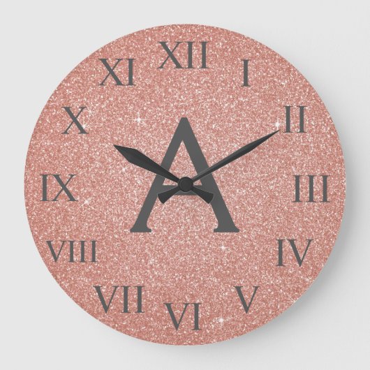 Pink Rose Gold Sparkle Glitter Monogram Name Grote Klok (Voorkant)