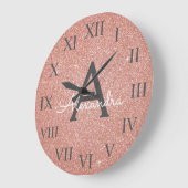 Pink Rose Gold Sparkle Glitter Monogram Name Grote Klok (Hoek)