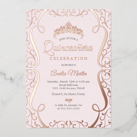 Pink Rose Gold Swirl Elegant Quinceanera  Folie Uitnodiging (Voorkant)