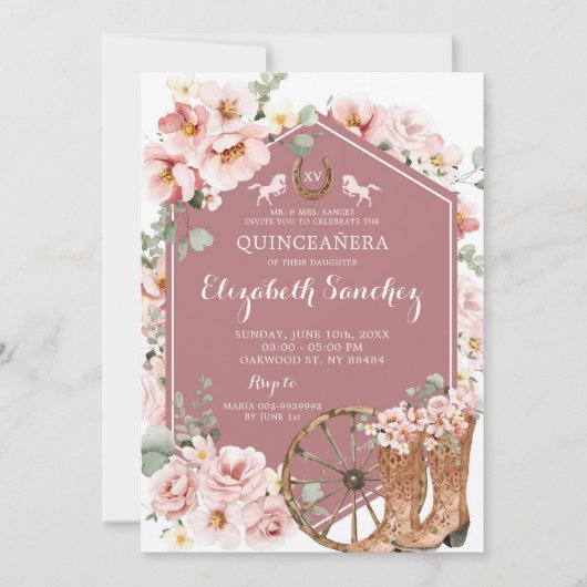 Pink Rose Gold Western Charra Quinceañera Kaart (Voorkant)