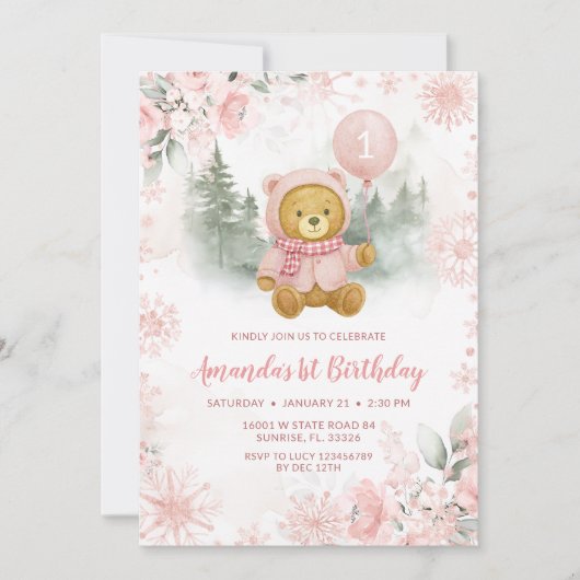 Pink Rose Gold Winter Bear Balloon 1st Birthday Kaart (Voorkant)