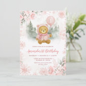 Pink Rose Gold Winter Bear Balloon 1st Birthday Kaart (Staand voorkant)