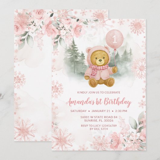 Pink Rose Gold Winter Bear Balloon 1st Birthday Kaart (Voorkant / Achterkant)