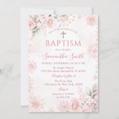 Pink Rose Gold Winter Floral Cross Girl Baptism Kaart (Voorkant)