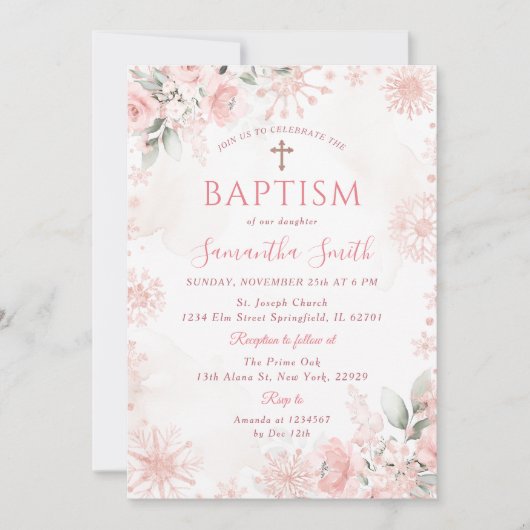Pink Rose Gold Winter Floral Cross Girl Baptism Kaart (Voorkant)