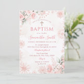 Pink Rose Gold Winter Floral Cross Girl Baptism Kaart (Staand voorkant)