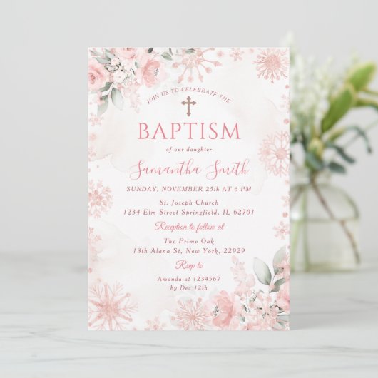 Pink Rose Gold Winter Floral Cross Girl Baptism Kaart (Staand voorkant)