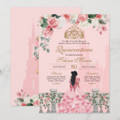 Pink Rose Golden Princess Fairytale Quinceañera Kaart (Voorkant / Achterkant)