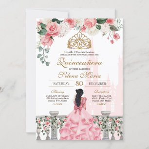 Pink Rose Golden Princess Fairytale Quinceañera Kaart