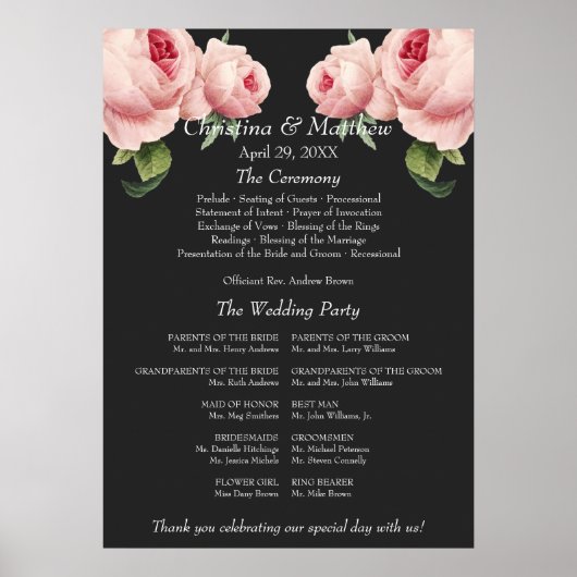 Pink Rose gray vintage Wedding Ceremony Programme Poster (Voorkant)