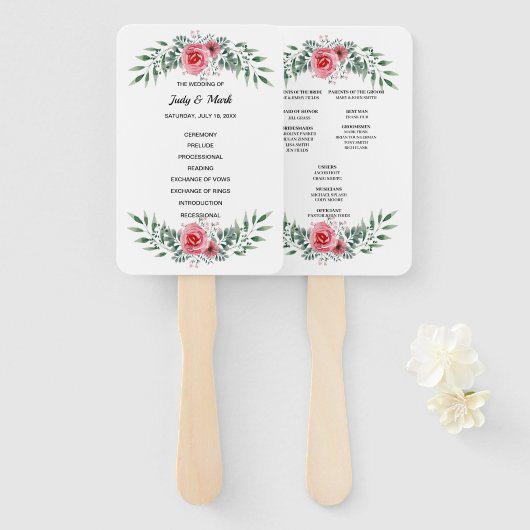 Pink Rose Greenery Foliage Wedding Programme Handwaaier (Voorkant en achterkant)