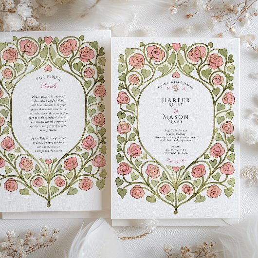 Pink Rose & Heart Vine Wedding Kaart