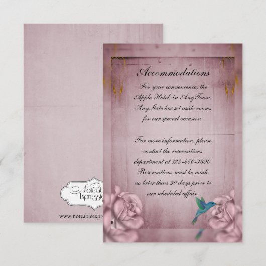 Pink Rose Hummingbird Wedding Hotel Insert Informatiekaartje (Voorkant / Achterkant)