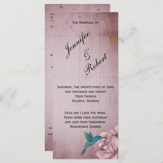 Pink Rose Hummingbird Wedding Programme Programmakaart (Voorkant / Achterkant)