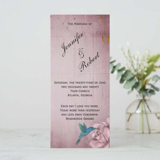Pink Rose Hummingbird Wedding Programme Programmakaart (Staand voorkant)