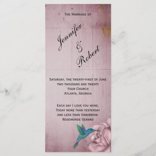 Pink Rose Hummingbird Wedding Programme Programmakaart (Voorkant)