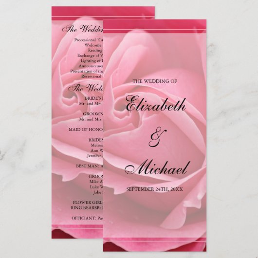 Pink Rose huwelijksprogramma Programmakaart (Voorkant / Achterkant)