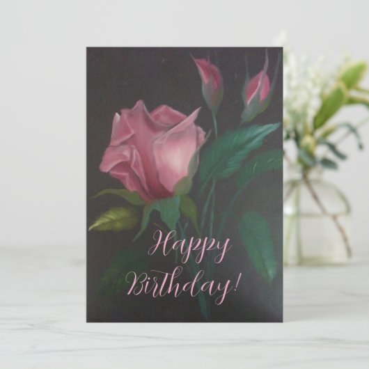 Pink Rose n Rosebuds Flat Greeting Card (Staand voorkant)