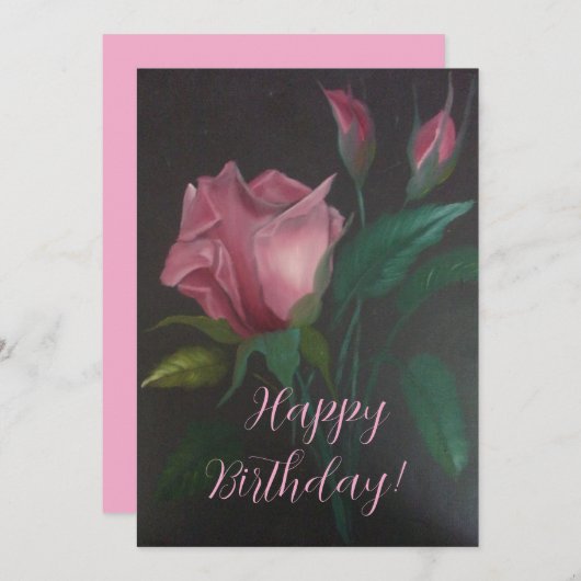 Pink Rose n Rosebuds Flat Greeting Card (Voorkant / Achterkant)