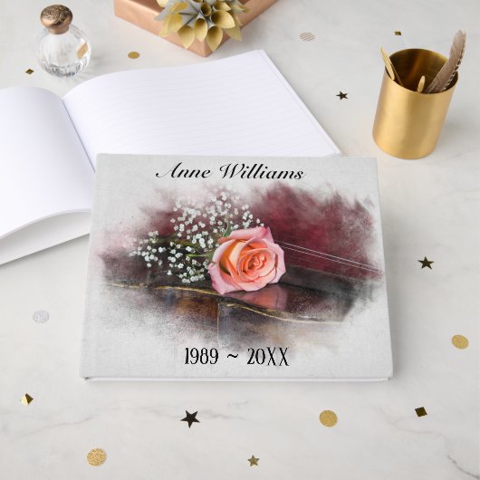 Pink Rose on Antique Violin for Memorial Service Gastenboek (Voorkant open)