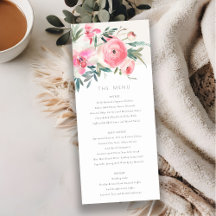 Pink Rose Orchid Waterverf Floral Wedding Menu