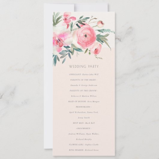 Pink Rose Orchid Waterverf Floral Wedding Programm Kaart (Achterkant)