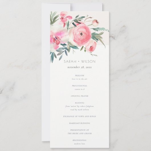 Pink Rose Orchid Waterverf Floral Wedding Programm Kaart (Voorkant)