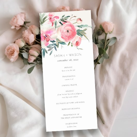 Pink Rose Orchid Waterverf Floral Wedding Programm Kaart