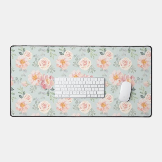 Pink Rose Pastel Garden Pattern Bureaumat (Keyboard & Muis)