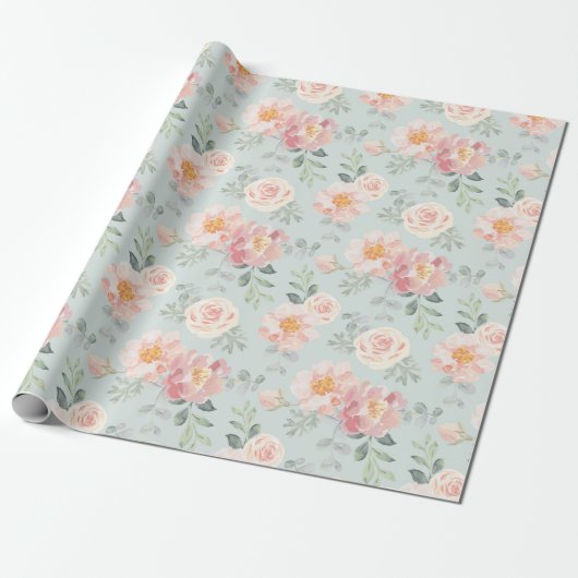 Pink Rose Pastel Garden Pattern Cadeaupapier (Uitgerold)