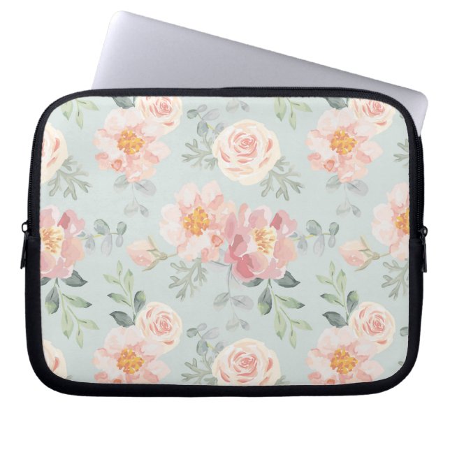 Pink Rose Pastel Garden Pattern Laptop Sleeve (Voorkant)
